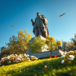 A stunning view of the Shahriyar statue in Tabriz, captured in motion, showcasing the grand scale of the statue against a clear blue sky
