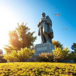 A stunning view of the Shahriyar statue in Tabriz, captured in motion, showcasing the grand scale of the statue against a clear blue sky