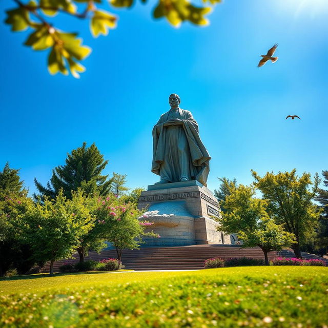 A stunning view of the Shahriyar statue in Tabriz, captured in motion, showcasing the grand scale of the statue against a clear blue sky