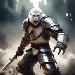 A semi-realistic digital art image illustrating a white monkey knight, in a battered armor, screaming in rage as a wandering warrior in the midst of an epic battle