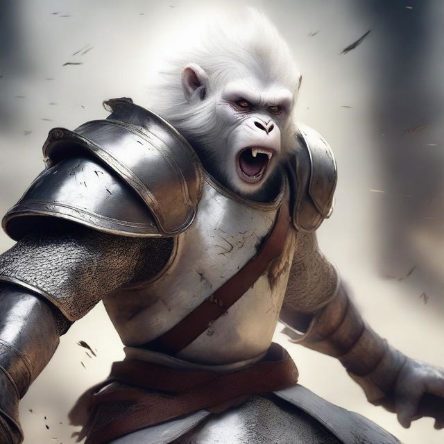 A semi-realistic digital art image illustrating a white monkey knight, in a battered armor, screaming in rage as a wandering warrior in the midst of an epic battle