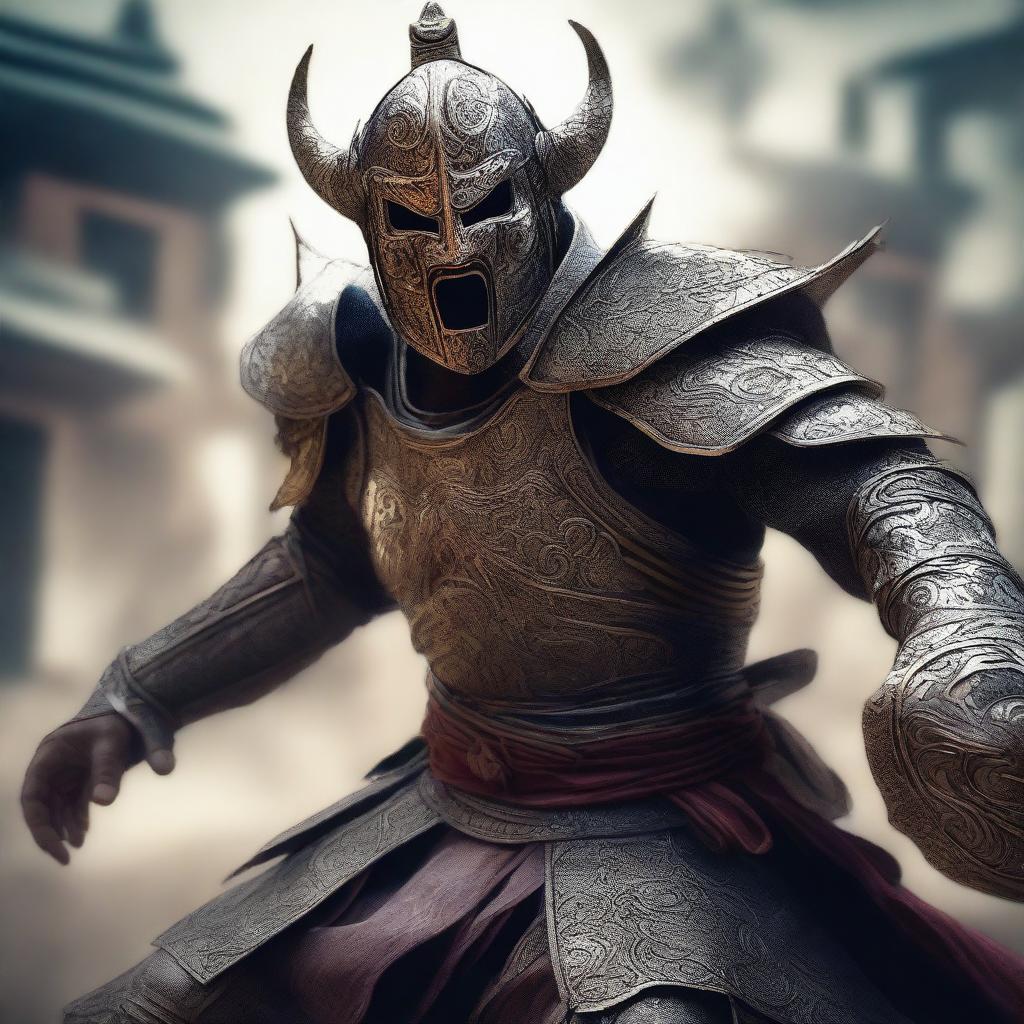 A semi-realistic digital art image illustrating a Balinese masked knight, in a battered armor, screaming in rage as a wandering warrior in the midst of an epic battle