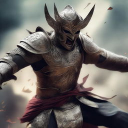 A semi-realistic digital art image illustrating a Balinese masked knight, in a battered armor, screaming in rage as a wandering warrior in the midst of an epic battle