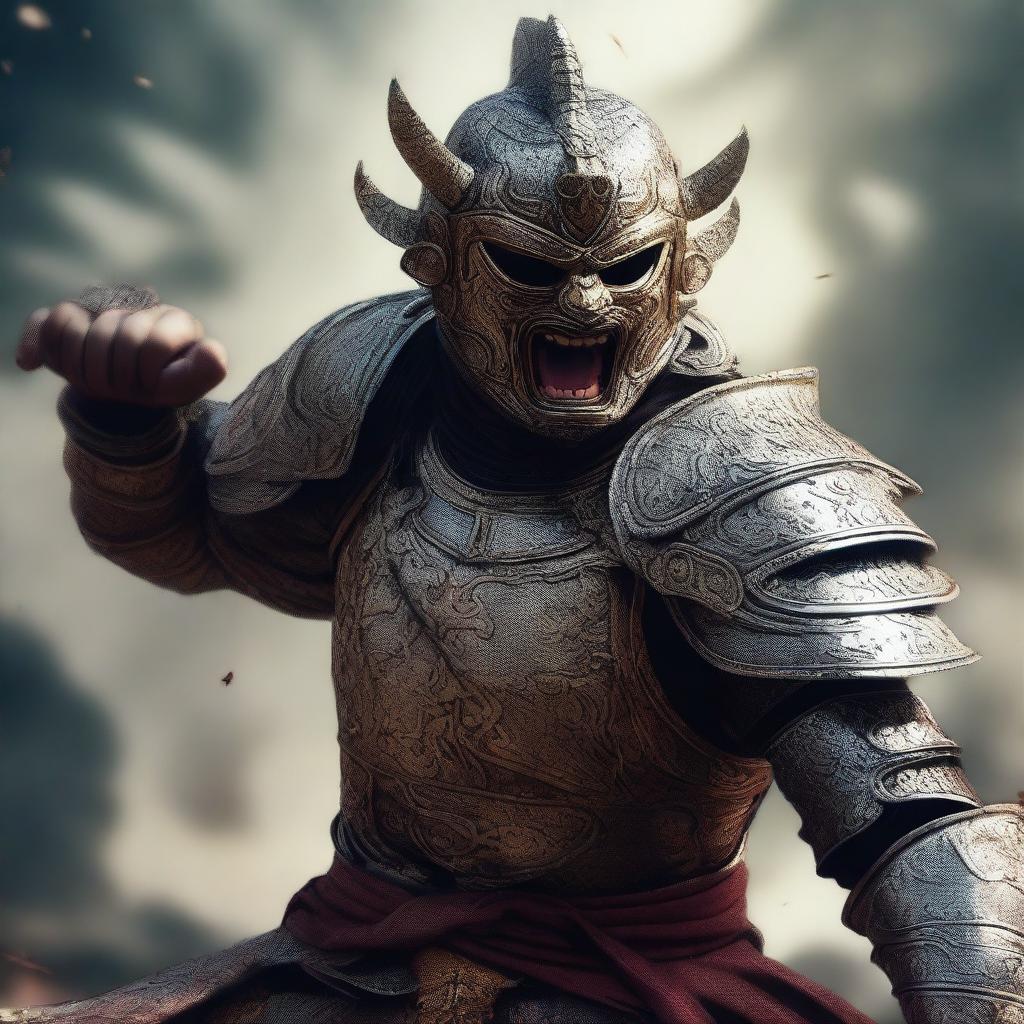 A semi-realistic digital art image illustrating a Balinese masked knight, in a battered armor, screaming in rage as a wandering warrior in the midst of an epic battle