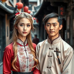 A beautiful young Chinese woman with striking blue eyes and long blonde hair, wearing traditional vintage Chinese clothing