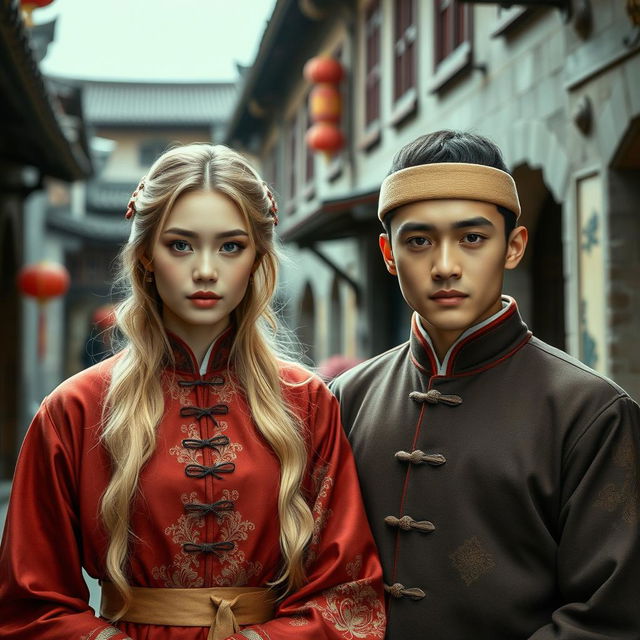 A beautiful young Chinese woman with striking blue eyes and long blonde hair, wearing traditional vintage Chinese clothing