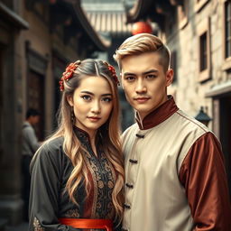 A beautiful young Chinese woman with striking blue eyes and long blonde hair, wearing traditional vintage Chinese clothing