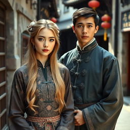 A beautiful young Chinese woman with striking blue eyes and long blonde hair, wearing traditional vintage Chinese clothing