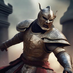 A semi-realistic digital art image illustrating a Balinese masked knight, in a battered armor, screaming in rage as a wandering warrior in the midst of an epic battle