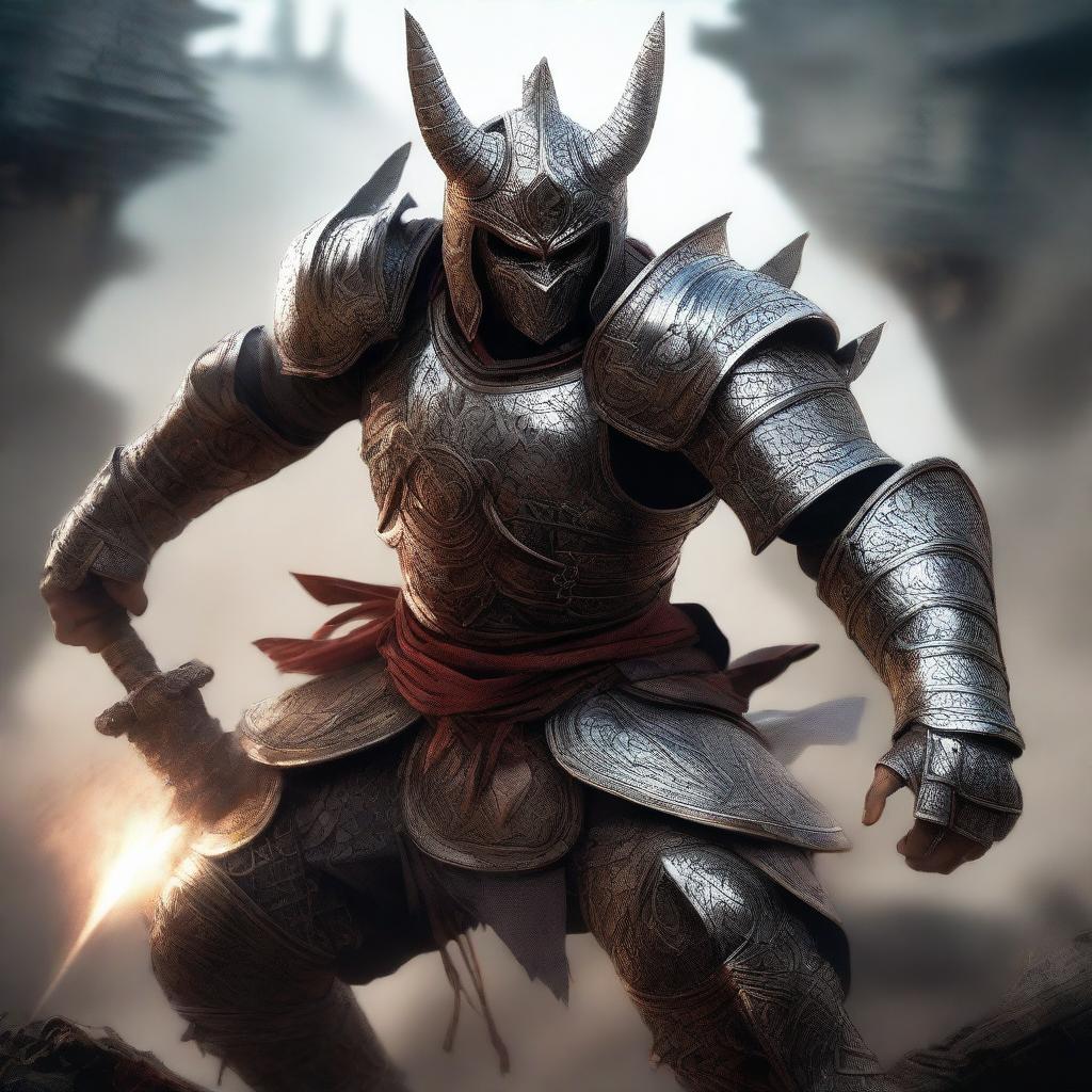 A semi-realistic digital art image illustrating a Leak, a mythical Balinese shape-shifting spirit, as a raging knight in a battered armor, depicted as a wandering warrior in the midst of an epic battle