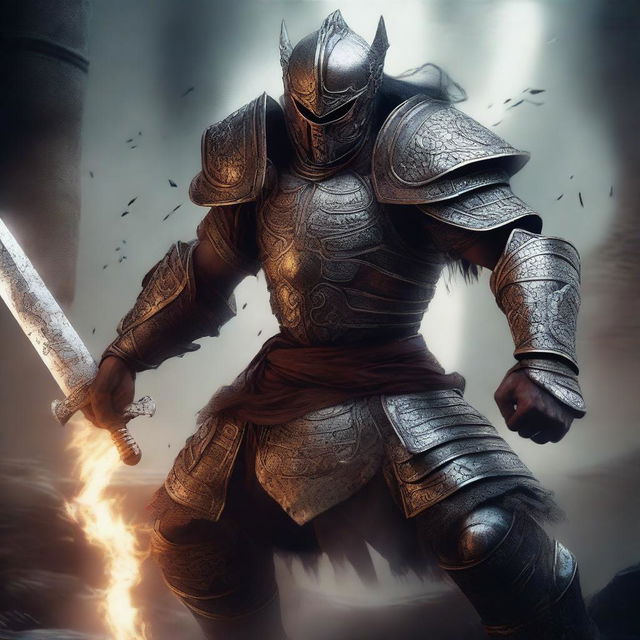 A semi-realistic digital art image illustrating a Leak, a mythical Balinese shape-shifting spirit, as a raging knight in a battered armor, depicted as a wandering warrior in the midst of an epic battle