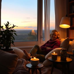 A cozy, serene scene of a person sitting comfortably in a warmly lit room, expressing gratitude and warmth