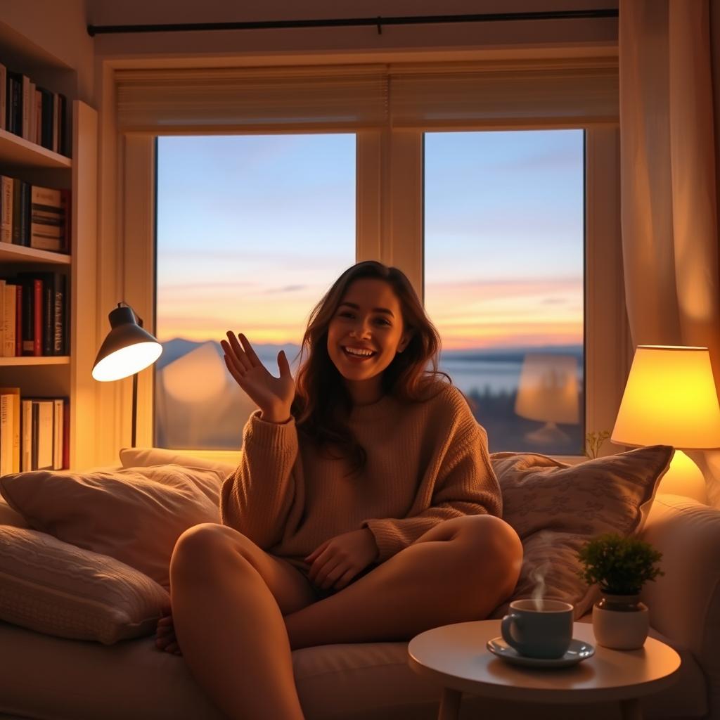 A cozy, serene scene of a person sitting comfortably in a warmly lit room, expressing gratitude and warmth