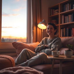 A cozy, serene scene of a person sitting comfortably in a warmly lit room, expressing gratitude and warmth
