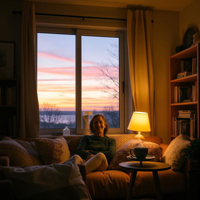 A cozy, serene scene of a person sitting comfortably in a warmly lit room, expressing gratitude and warmth