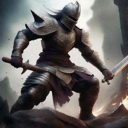 A semi-realistic digital art image illustrating a Leak, a mythical Balinese shape-shifting spirit, as a raging knight in a battered armor, depicted as a wandering warrior in the midst of an epic battle