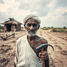 A portrait of a poor Indian farmer, showcasing his weathered face with deep wrinkles and a somber expression, standing in a barren field under a vast, cloudy sky