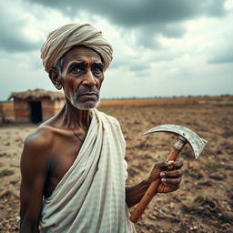 A portrait of a poor Indian farmer, showcasing his weathered face with deep wrinkles and a somber expression, standing in a barren field under a vast, cloudy sky
