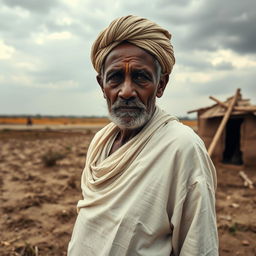 A portrait of a poor Indian farmer, showcasing his weathered face with deep wrinkles and a somber expression, standing in a barren field under a vast, cloudy sky