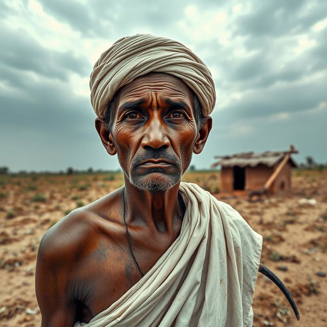 A portrait of a poor Indian farmer, showcasing his weathered face with deep wrinkles and a somber expression, standing in a barren field under a vast, cloudy sky