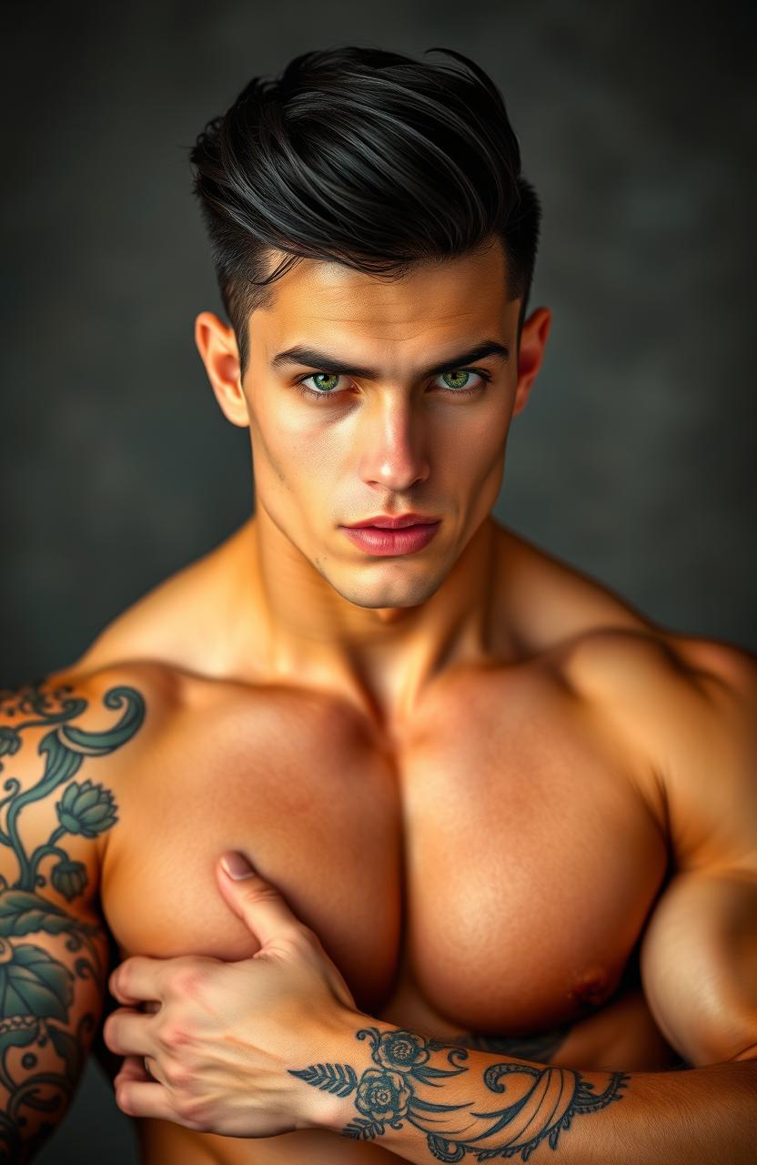 A handsome muscular man, 25 years old, showcasing striking tattoos on his arms
