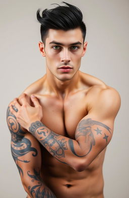 A handsome muscular man, 25 years old, showcasing striking tattoos on his arms