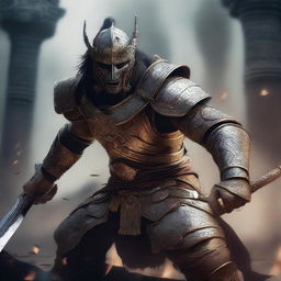 A semi-realistic digital art image illustrating a Leak, a mythical Balinese shape-shifting spirit, as a raging knight in a battered armor, depicted as a wandering warrior in the midst of an epic battle