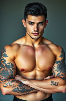 A handsome muscular man, 25 years old, showcasing striking tattoos on his arms