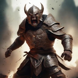 A semi-realistic digital art image illustrating Gatotkaca, a heroic character from Indonesian mythology, in a battered armor, screaming in rage as a wandering warrior in the midst of an epic battle