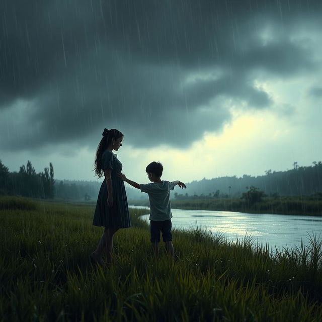 A poignant scene depicting a separating couple in a lush green field beside a river during a heavy rainstorm in the evening