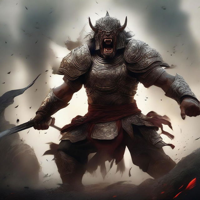 A semi-realistic digital art image illustrating Gatotkaca, a heroic character from Indonesian mythology, in a battered armor, screaming in rage as a wandering warrior in the midst of an epic battle