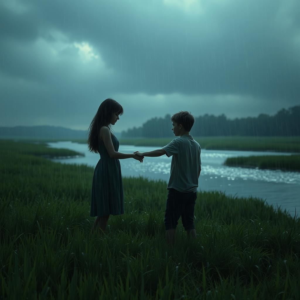 A poignant scene depicting a separating couple in a lush green field beside a river during a heavy rainstorm in the evening