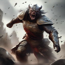 A semi-realistic digital art image illustrating Gatotkaca, a heroic character from Indonesian mythology, in a battered armor, screaming in rage as a wandering warrior in the midst of an epic battle