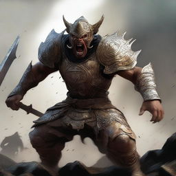 A semi-realistic digital art image illustrating Gatotkaca, a heroic character from Indonesian mythology, in a battered armor, screaming in rage as a wandering warrior in the midst of an epic battle