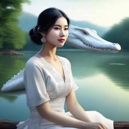 A semi-realistic digital art image featuring an incredibly beautiful Asian woman by a lake, accompanied by a white crocodile