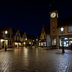 A serene night scene featuring a quaint village square illuminated by soft street lamps, the clock tower striking 11:00 PM