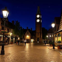 A serene night scene featuring a quaint village square illuminated by soft street lamps, the clock tower striking 11:00 PM