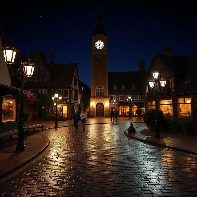 A serene night scene featuring a quaint village square illuminated by soft street lamps, the clock tower striking 11:00 PM