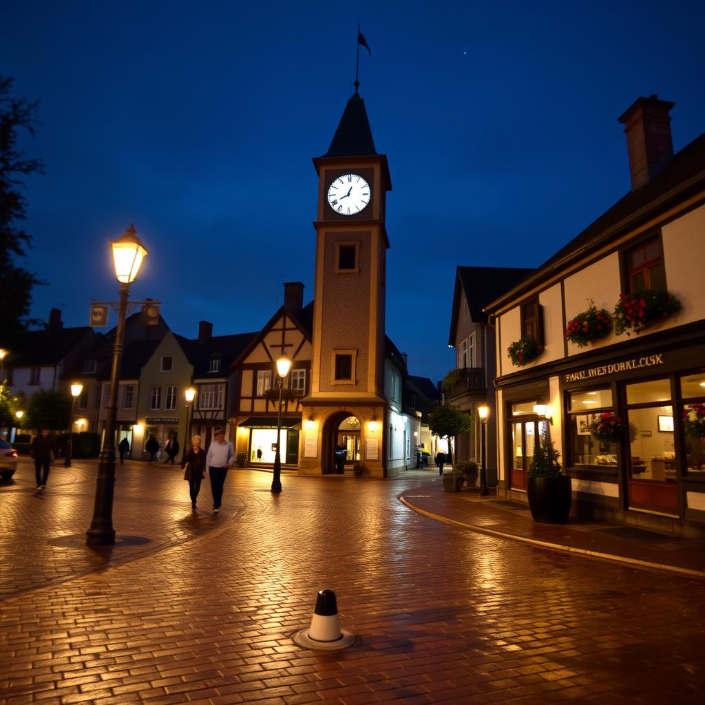 A serene night scene featuring a quaint village square illuminated by soft street lamps, the clock tower striking 11:00 PM