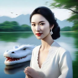 A semi-realistic digital art image featuring an incredibly beautiful Asian woman by a lake, accompanied by a white crocodile