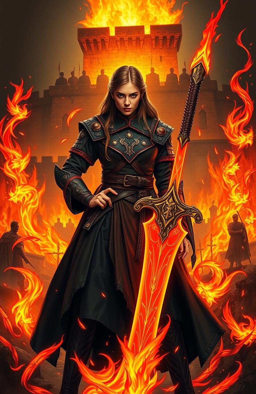 A medieval protagonist in dynamic attire, standing defiantly amidst swirling flames, her facial expression showing determination mixed with fear, embodying an internal struggle