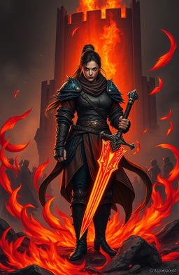 A medieval protagonist in dynamic attire, standing defiantly amidst swirling flames, her facial expression showing determination mixed with fear, embodying an internal struggle