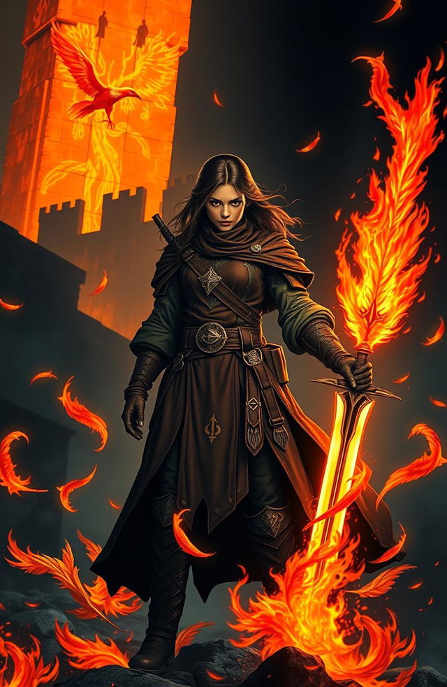 A medieval protagonist in dynamic attire, standing defiantly amidst swirling flames, her facial expression showing determination mixed with fear, embodying an internal struggle