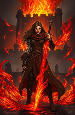 A medieval protagonist in dynamic attire, standing defiantly amidst swirling flames, her facial expression showing determination mixed with fear, embodying an internal struggle