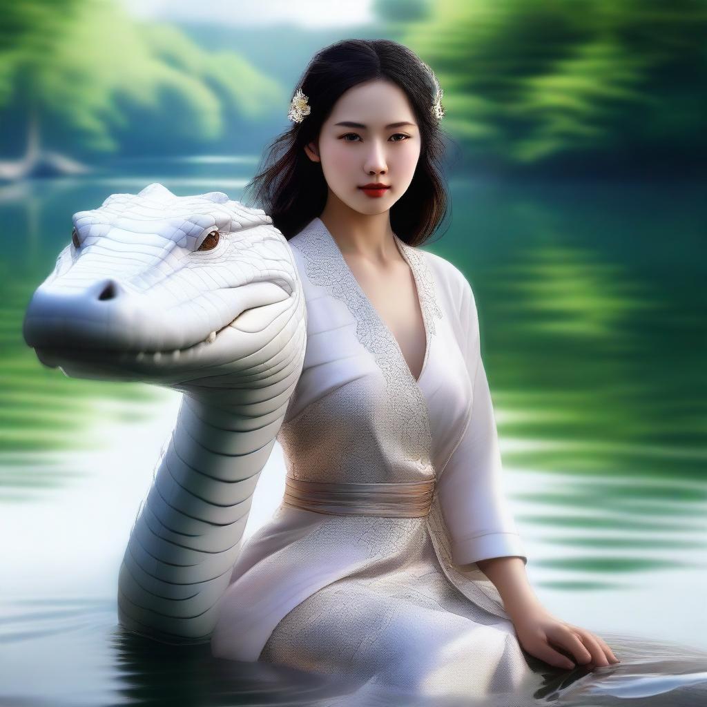 A semi-realistic digital art image featuring an incredibly beautiful Asian woman by a lake, accompanied by a white crocodile