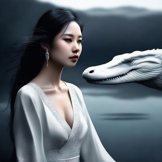 A semi-realistic digital art image featuring an incredibly beautiful Asian woman by a darkened lake, accompanied by a white crocodile