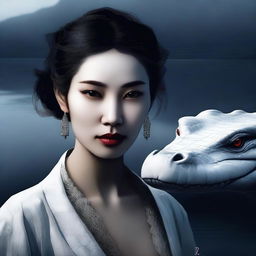 A semi-realistic digital art image featuring an incredibly beautiful Asian woman by a darkened lake, accompanied by a white crocodile