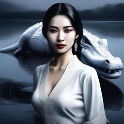 A semi-realistic digital art image featuring an incredibly beautiful Asian woman by a darkened lake, accompanied by a white crocodile