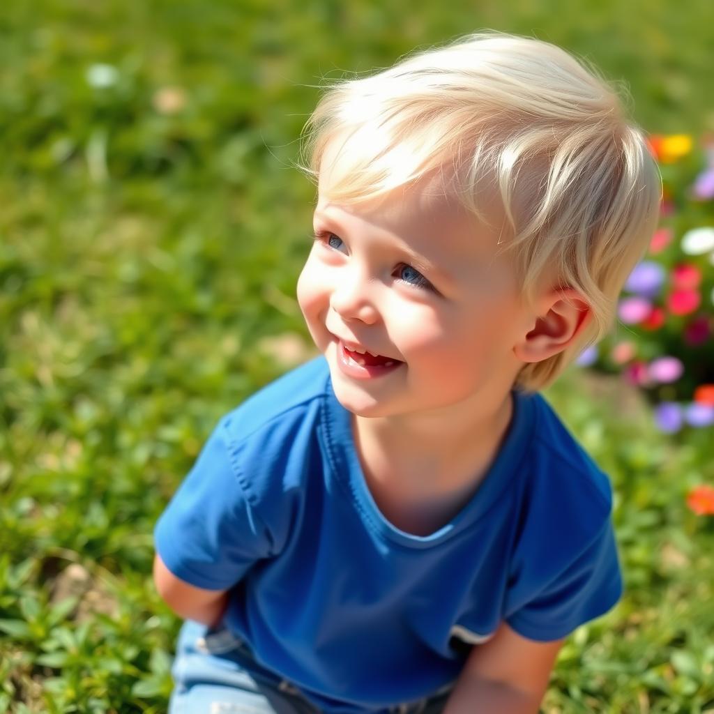 A young blonde child with short hair, looking to the right, with a bright smile and sparkling blue eyes