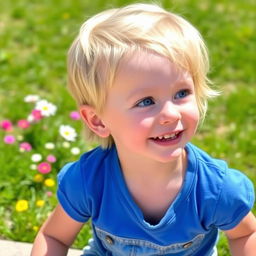 A young blonde child with short hair, looking to the right, with a bright smile and sparkling blue eyes
